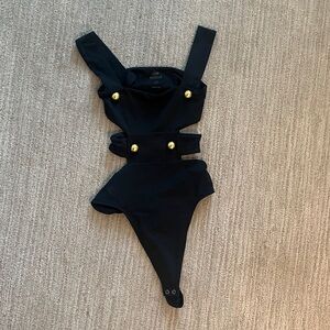 Good American Black Bandage Cutout Bodysuit Gold Buttons